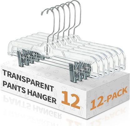 12 Pack Clear Plastic Pants Hangers, 14 Inch Upgraded Heavy Duty Skirt Hanger with 2-Adjustable Clip Non-Slip 360° Swivel Hook for Pants, Trousers, Skirts, Jeans