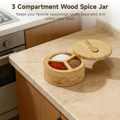 3 Compartment Wood Spice Jar, Salt and Pepper Holder with Rotating Lid & Spoon, Dustproof Condiment Container for Kitchen Countertop, Versatile Spice Cellar for Home Cooking, Picnic, BBQ, Restaurant