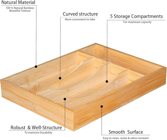 Krismax Bamboo Silverware Drawer Organizer，5 slots Wood Storage Containers, Junk Drawer Divider Organzers, Untensils Cutlery Tray, Kitchen Flatware