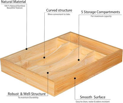 Krismax Bamboo Silverware Drawer Organizer，5 slots Wood Storage Containers, Junk Drawer Divider Organzers, Untensils Cutlery Tray, Kitchen Flatware