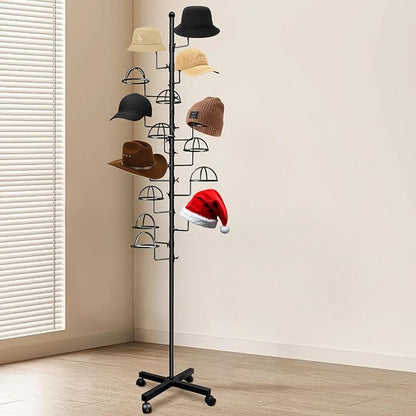 Montex Freestanding Hat Rack Stand, Metal Hat Organizer Rack with 14 Customisable Circular Hooks, Hats Tree Stand Floor Standing Hat Display, Black