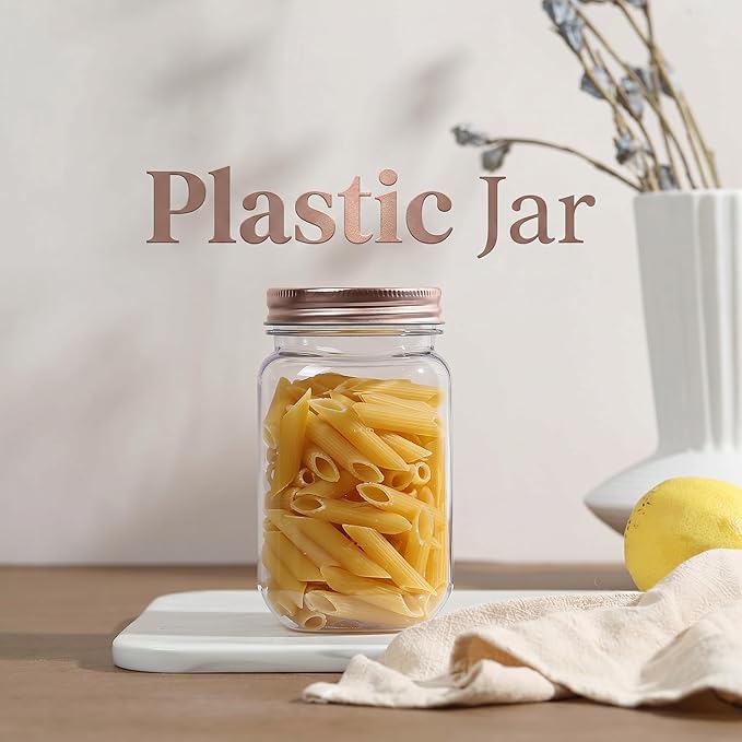novelinks 16 oz Clear Plastic Jars with Lids, Refillable 16oz Mason Jars with Lids & Storage Containers for Kitchen & Household Use (5 Pack,Rose Gold)