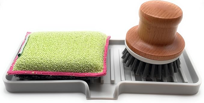 Silicone Soap Dish Tray and Sponge Holder with Drain Chute, Rectangular, Kitchen and Bathroom Sink Organizer (Light Grey, 9"x3.5")