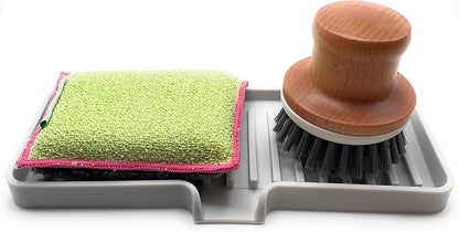 Silicone Soap Dish Tray and Sponge Holder with Drain Chute, Rectangular, Kitchen and Bathroom Sink Organizer (Light Grey, 9"x3.5")