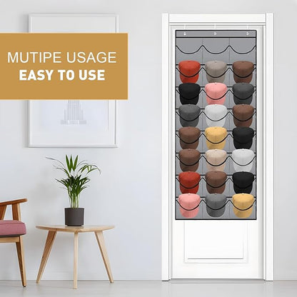 BiCINE Hat Rack for Baseball Caps, 24 Pocket Over The Door Hat Organizer Storage, Hat Holder for Door with 3 Hooks, Grey - 1 Pack
