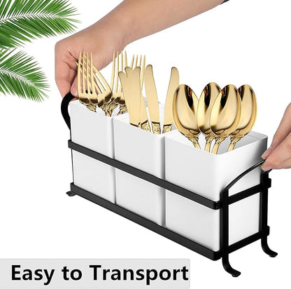 NelyBet Utensil Holder Silverware Caddy for Party Countertop, 3pcs Bins Set Silverware Caddy Organizer Holders for Spoon and Fork, White and Black