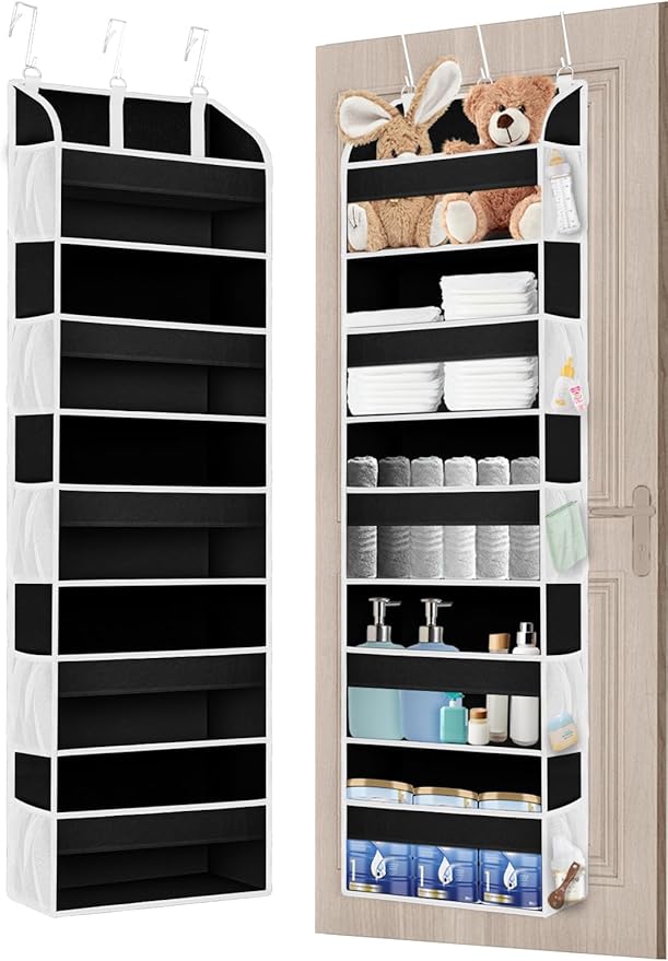 TAHAVICE 1 Pack Over The Door Storage Organizer with 5 Pockets 10 Mesh Side Pockets, 44 lbs Weight Capacity Door Hanging Organizers and Storage for Bedroom,Bathroom,Nursery,Pantry,Dorm(Black)