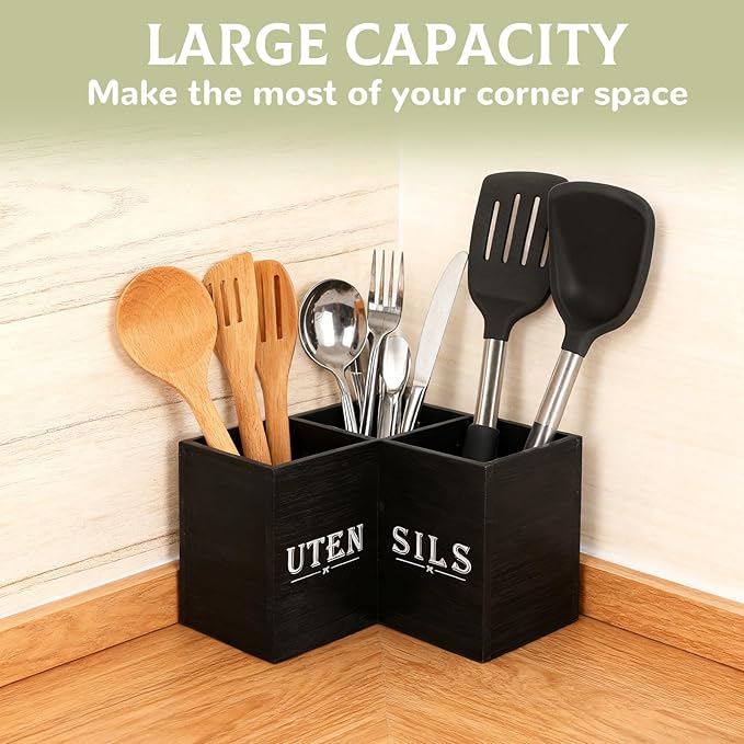 Kitchen Utensils Holder with 3 Compartments,Corner Utensil Caddy,Wooden Utensil Organizer for Countertop, Farmhouse Decor