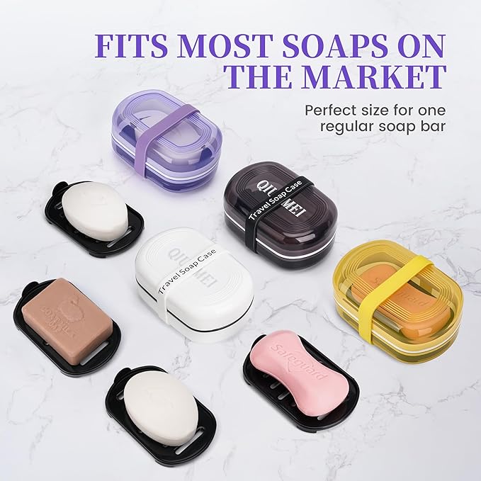 Leakproof Travel Soap Case with Lid | Draining Soap Bar Holder & Dish with Silicone Strap | Includes Mesh Soap Bag | for Shower, Bathroom, Camping, Gym (Grape Purple)