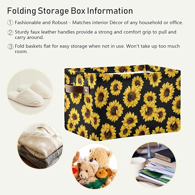 Bolaz Large Storage Basket Sunflower Black Foldable Storage Box Organizer Bins with Handles for Bedroom Home Office