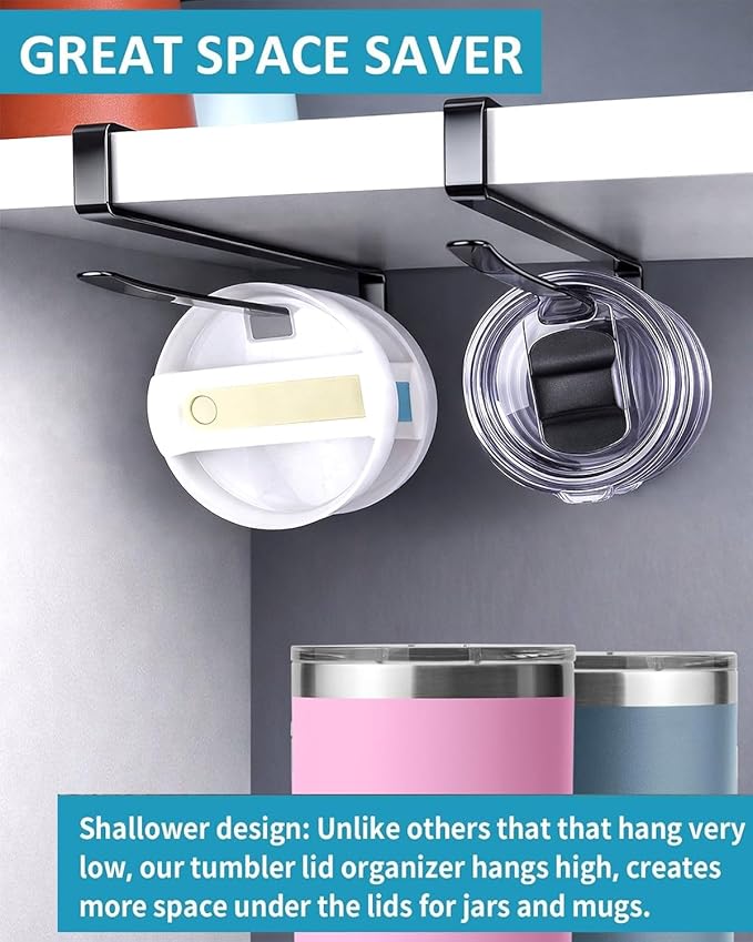 Tumbler Lid Organizer, Shallower Space Saving Yeti Lid Organizer Inside Cabinet, No Drill No Adhesive Cup Lid Holder, Yeti Tumbler Lid Holder for Kitchen Cabinet Organizers and Storage, 12 Lids