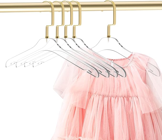 Quality Hangers Kids Size Acrylic Hangers – Crystal Clear Hangers for Kids Clothes - Perfect For 7-10 Years Old - Available With Wide Matte Gold Metallic Hook - Acrylic Children Shirt Suit Coat Hanger