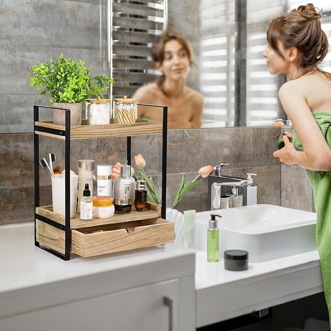 Ukonvi 2-Tier Bathroom Organizer Countertop with Drawer, Wood Counter Shelf for Storage, Vanity Tray for Organization and Decor, Countertop Organizer for Bathroom, Kitchen, Office (Brown)