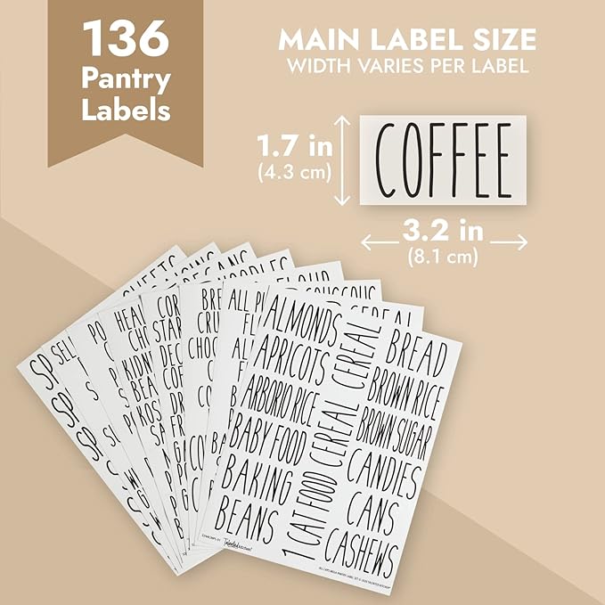 Talented Kitchen Kitchen Adhesive Labels - Waterproof Labels for Storage Bins - Pantry & Jar Stickers for Spices - Pack of 136, 2 x 3 in, Black Text on Clear Vinyl