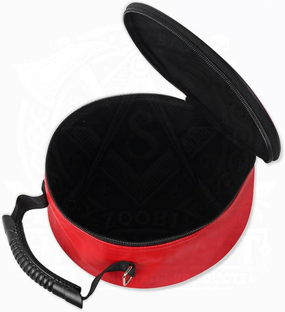 Masonic Royal Arch Chapter Crown Cap Case – Foldable 9”x9” Red Faux Leather Hat Box with Embroidered Triple Tau Emblem & Adjustable Shoulder Strap – Lightweight & Travel-Friendly
