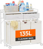 Lifewit Laundry Hamper 3 Section, Large Rolling Laundry Sorter with Shelf & 2 Drawers, Pull-Out Laundry Basket Organizer with Wheels and Removable Bag for Laundry Room Bathroom, White and Beige