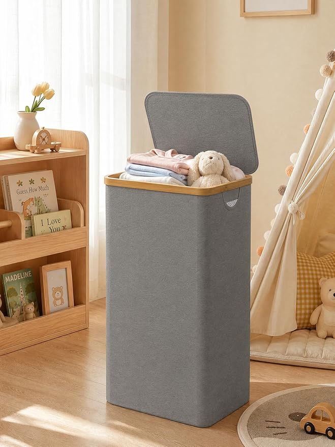 iEGrow Laundry Hamper with Lid, 110L Large Laundry Hamper with Handle and Lid, Collapsible Clothes Basket Organizer with Removable Inner Bag for Clothes Toys Towels - Grey