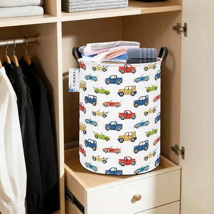 Round Car Themed Laundry Basket,Collapsible Laundry Hamper for Boys,Cute Vehicle Truck Print Storage Bin,Waterproof Toy Storage for Kids Room,Nursery,Playroom,New Parent Gift (Car)