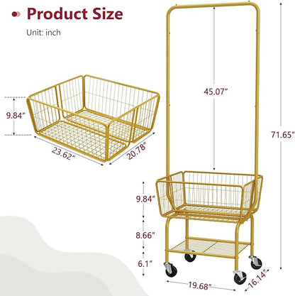 Tajsoon Laundry Cart with Wheels, Metal Rolling Laundry Hamper with Hanging Rack, Storage Basket and Shelf, Gold