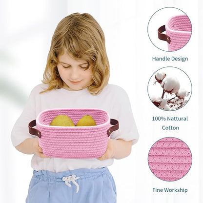 ABenkle Small Storage Basket, Mini Baskets with Handle, Cute Cotton Woven Baskets for Shelves, Boho Decorative Toy Storage Bin for Nursery, Spa, Empty Gift Basket - XS, Pink
