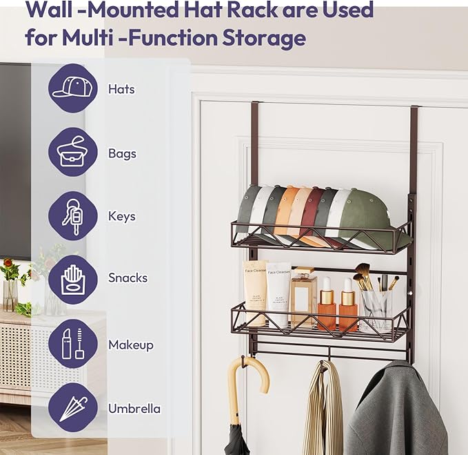 SWTYMIKI Over Door Hat Organizer - 3 Tier Wall Mounted Hat Rack with 2 Adjustable Metal Basket and 3 Hooks, Hanging Baseball Cap Organizer Storage Holds up to 29 Caps for Door, Bedroom, Closet