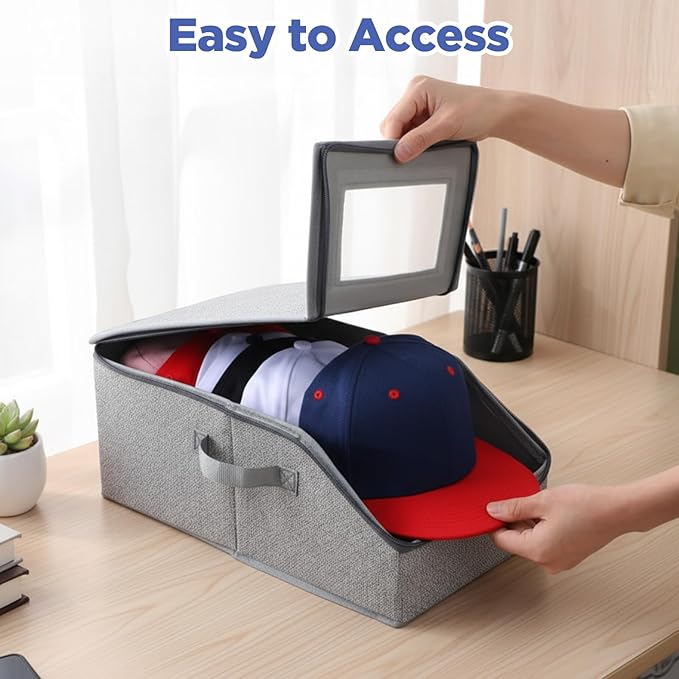 4 Pcs Stackable Hat Organizer for Baseball Caps, Grey Storage Box with Clear Window Lid, Holds up to 48 Caps, Space Saving Closet Organizer for Snapbacks, Foldable and Breathable Design