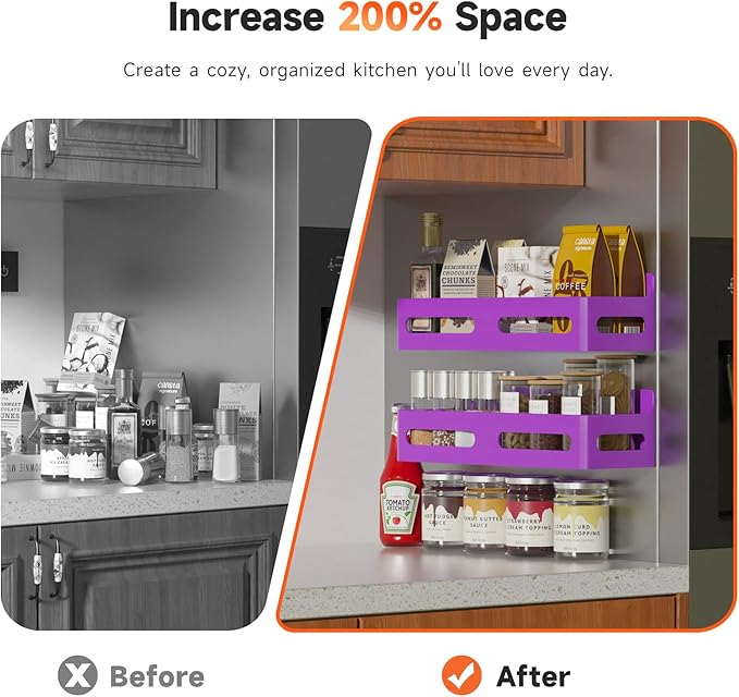 Sevenblue 4 Pack Strong Magnetic Spice Rack for Refrigerator, Multipurpose Magnetic Shelf for Fridge with 4 Hooks for kitchen and Bathroom Organization, Purple