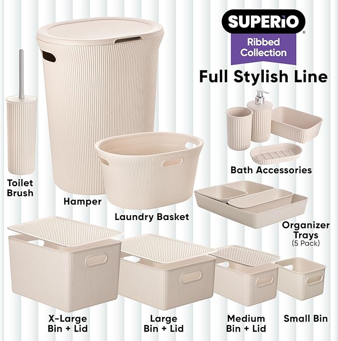 Superio Ribbed Collection - Eco-Friendly Decorative Plastic Basket Open Home Storage Bin and Lid, X-Large (1 Pack) Container Boxes for Organizing Closet Storage Bins for Shelves 22 Liter/23 Quart
