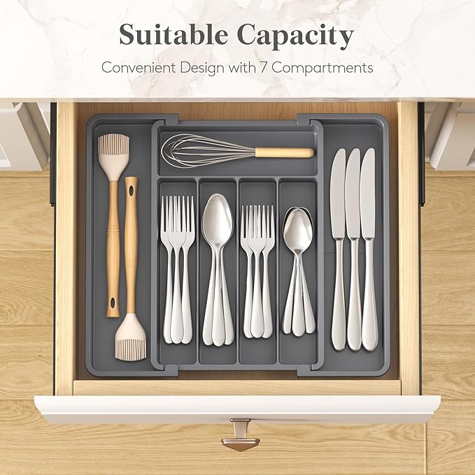 Lifewit Silverware Drawer Organizer, Expandable Utensil Tray for Kitchen, BPA Free Flatware and Cutlery Holder, Adjustable Plastic Storage for Spoons Forks Knives, 8.5-14 x 12", Dark Gray