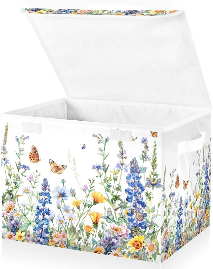 senya Flower Baskets Collapsible Storage Bins with Lids, Watercolor Wildflowers Spring Storage Boxes Clothes Baskets for Organizing, B06D22020