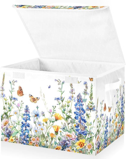 senya Flower Baskets Collapsible Storage Bins with Lids, Watercolor Wildflowers Spring Storage Boxes Clothes Baskets for Organizing, B06D22020