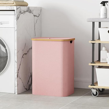 Lifewit 80L Laundry Basket with Lid, Clothes Hampers for Laundry with Bamboo Handles and 1 Removable Bag, Large Foldable Laundry Hamper for Bedroom, Bathroom, Dorm, Laundry Room, Pink