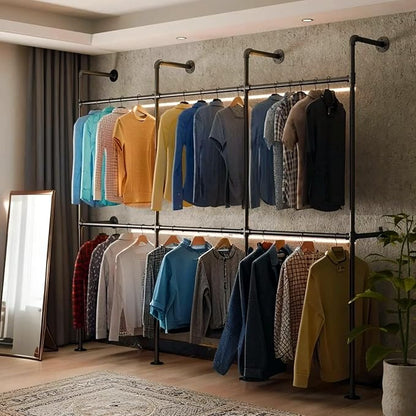 Industrial Pipe Black Clothing Racks Wall Mounted, Rustic Industrial Pipe Clothes Rack Design - Stylish & Heavy Duty Corner Garment Racks, Perfect for Home or Retail Display