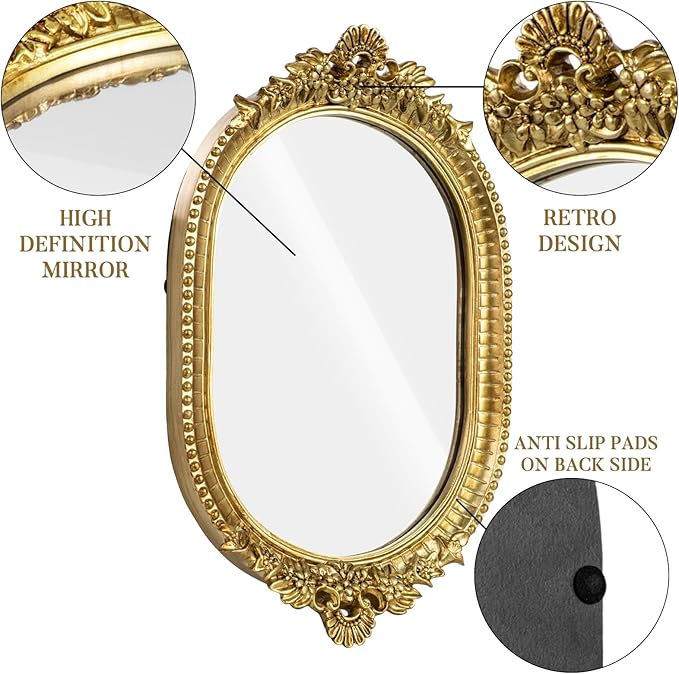 GUOER Vintage Antique Decorative Bathroom Vanity Tray Decor Mirror Tray for Dessert Table Coffee Table Vanity Home Decor Serving Tray with Handle Gold