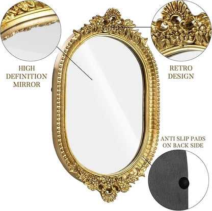 GUOER Vintage Antique Decorative Bathroom Vanity Tray Decor Mirror Tray for Dessert Table Coffee Table Vanity Home Decor Serving Tray with Handle Gold