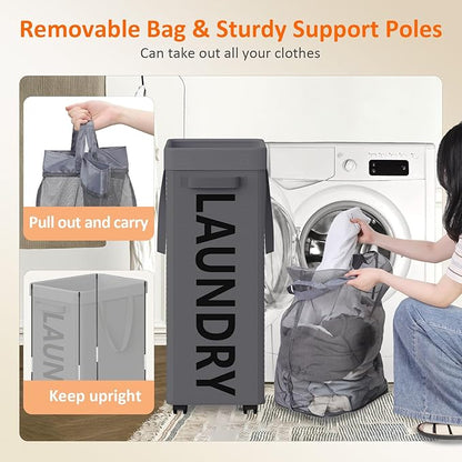Optish Laundry Basket with Wheels, 90L Rolling Laundry Hamper with Wheels, Large Clothes Hamper on Wheel with Removable Mesh Bag for Bedroom, Bathroom, Dorm, Grey