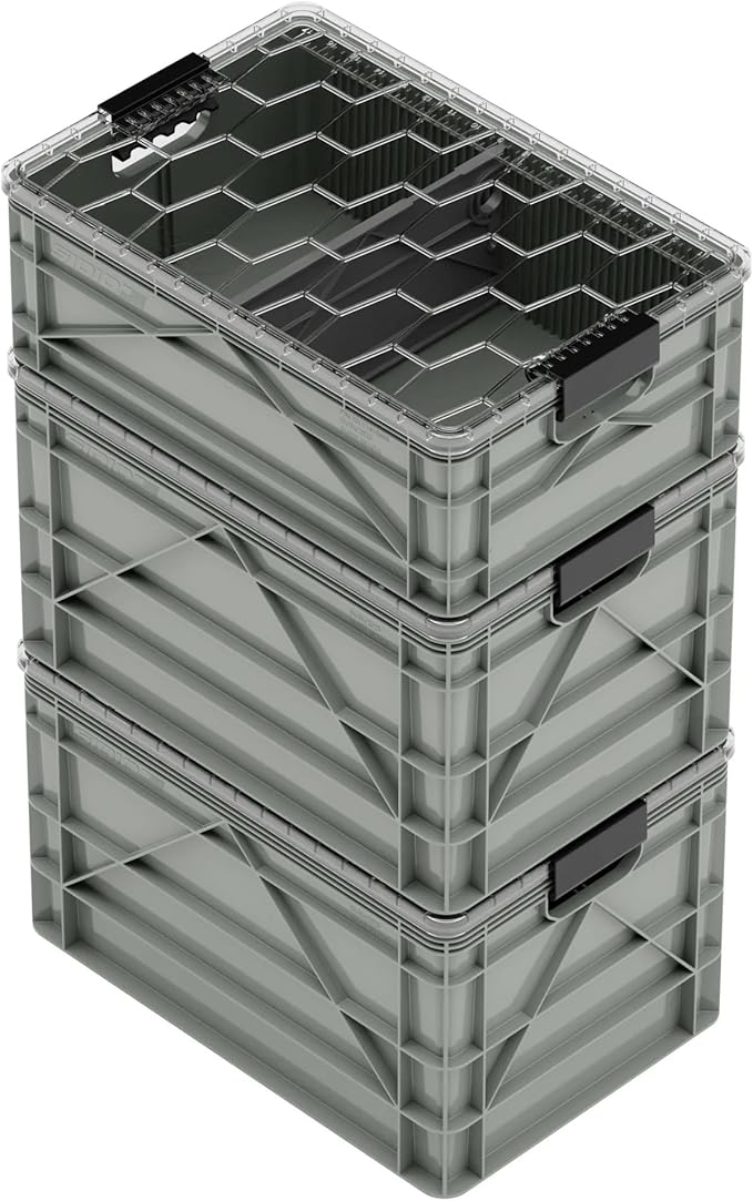 SIDIO CRATE Starter Pack - Two Full Size and One Half Size Heavy Duty Stackable Storage Bins, Totes with Lids and Dividers - Durable Organizer for Home, Office, Garage, and Outdoor Use - Aircraft