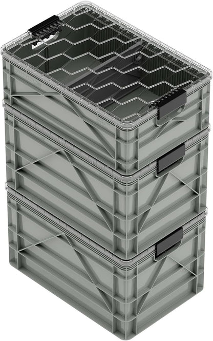 SIDIO CRATE Starter Pack - Two Full Size and One Half Size Heavy Duty Stackable Storage Bins, Totes with Lids and Dividers - Durable Organizer for Home, Office, Garage, and Outdoor Use - Aircraft