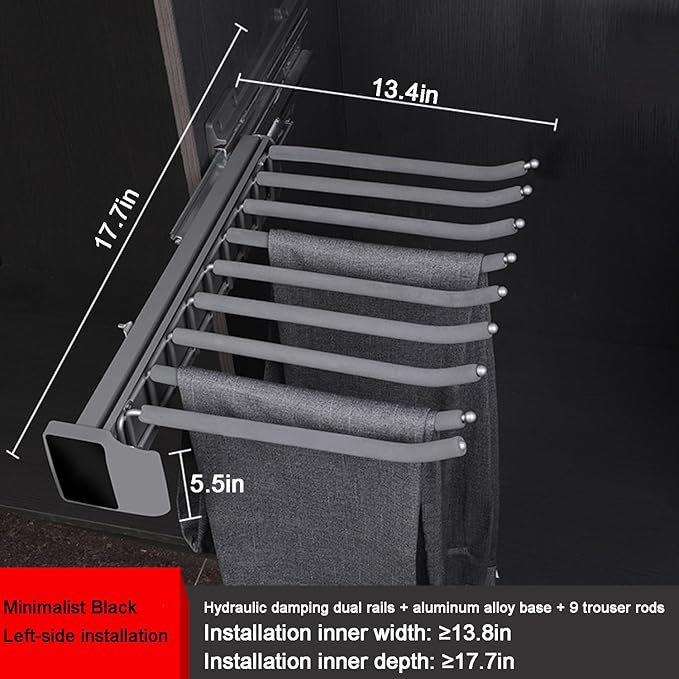 Pull Out Pants Rack, 9 Arms Aluminum Alloy Slid Pant Rack, Closet Pants Organizer Load 51lbs Pull Out Trousers Rack Sizes L 17.7in h 5.5 in w 13.4in (Left-Side Installation)