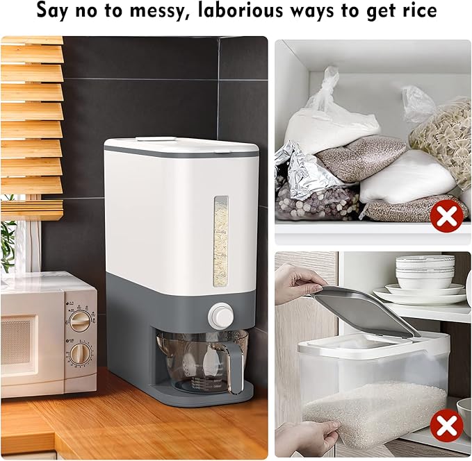 VenDotbi Rice Dispenser, 22-25 Lbs Rice Container with Measuring Cup, Upgraded Built-in Fresh Box, Cereal Dispenser Storage with Lids for Home Kitchen Pantry Rice Soybean Corn-Grey