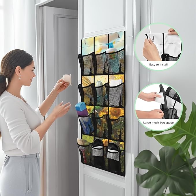 Sunflower Bird Over the Door Hanging Organizer for Closet - Large Storage Bags with Metal Hooks, Space Saving Home Organization