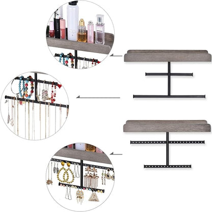 Keebofly Hanging Wall Mounted Jewelry Organizer with Rustic Wood Jewelry Holder Display for Necklaces Bracelet Earrings Ring Set of 2 Weathered Grey,[Patented]