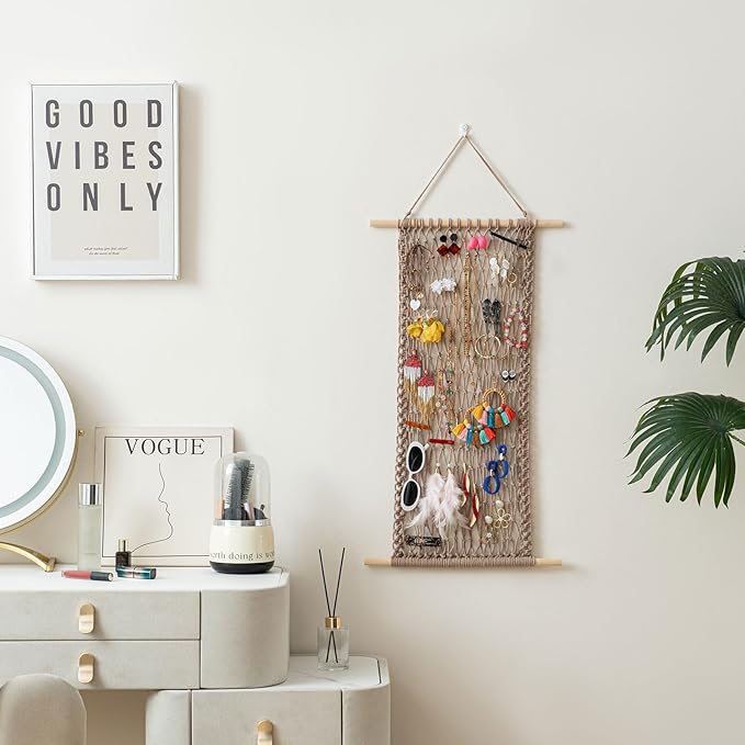 Pretty Jolly Hanging Jewelry Mesh Organizer Macrame Wall Mounted Necklaces Storage Earring Display Rack Girls Hair Clips Hanger with 20 Pieces S Shape Hooks for Bracelets,Necklace and Rings(Coffee)