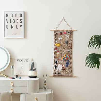 Pretty Jolly Hanging Jewelry Mesh Organizer Macrame Wall Mounted Necklaces Storage Earring Display Rack Girls Hair Clips Hanger with 20 Pieces S Shape Hooks for Bracelets,Necklace and Rings(Coffee)