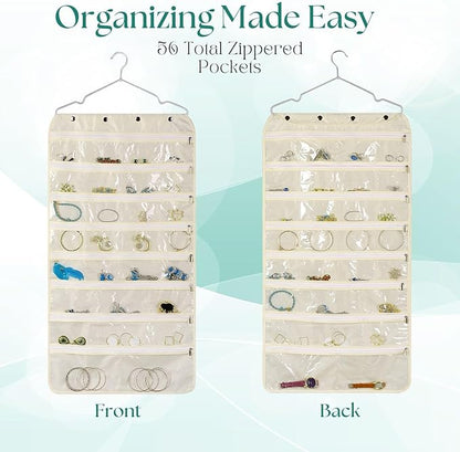 Flexzion Hanging Jewelry Organizer with Zippered Pockets - (1 Pack) Beige Closet Jewelry Organizer Storage with Hanger, 56 Pockets Dual Sided Earring Organizer Hanging for Bracelet, Watches, Ring