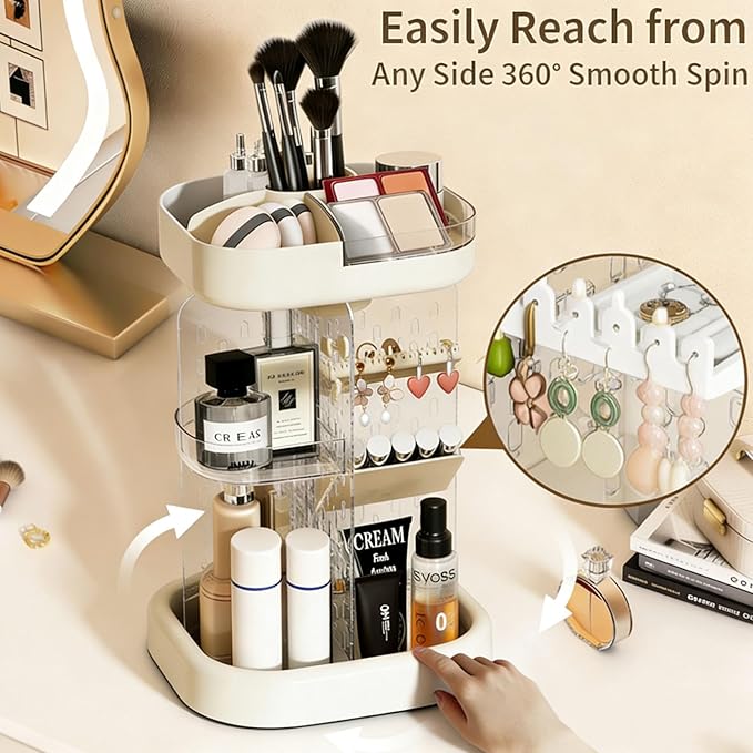 360 Spinning Rotating Makeup Organizer for Vanity with Adjustable Trays Lipstick Earring Storage Makeup Desk Storage Carousel Rack, Cosmetic Display Cases for Dresser Bathroom Holder (Cream)