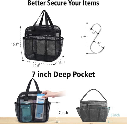 F-color Mesh Shower Caddy Portable with Zipper - Upgrade Deeper 7 Pockets Dorm Room Essentials for Guys Girls with S Hook, Shower Bag Basket Tote for College Camping Toiletry Bathroom, Black