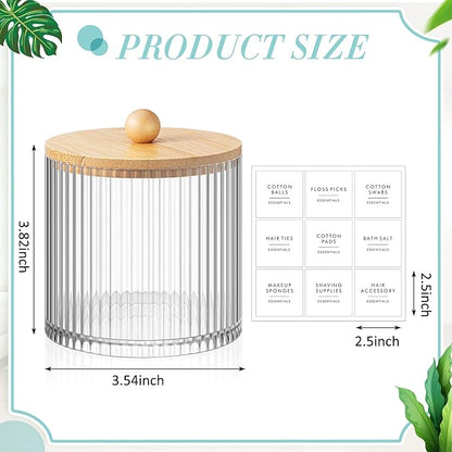 Yaomiao 6 Pcs Ribbed Bathroom Canisters Apothecary Jars with Wood Color Bamboo Lids and Label Stickers, 18 oz Plastic Canister with Fluted Design for Cotton Ball, Swab, Floss Picks House Storage
