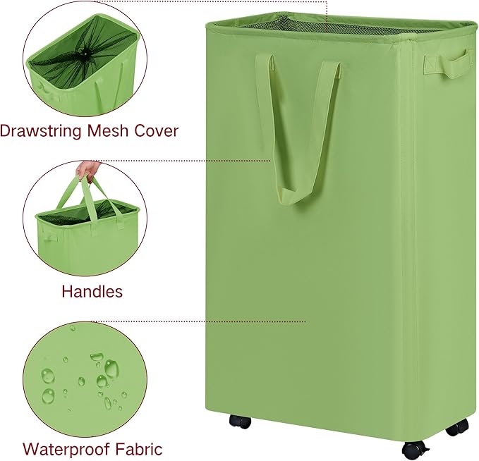 efluky Slim Laundry Hamper with Wheels, Rolling Laundry Basket for Clothes, Small Laundry Basket for Bedroom, Dorm and Laundry Room, 75L (19.8 Gallons) Green