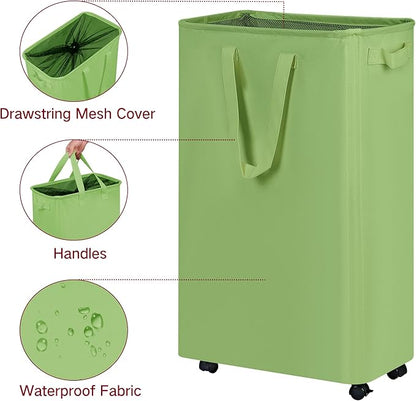 efluky Slim Laundry Hamper with Wheels, Rolling Laundry Basket for Clothes, Small Laundry Basket for Bedroom, Dorm and Laundry Room, 75L (19.8 Gallons) Green
